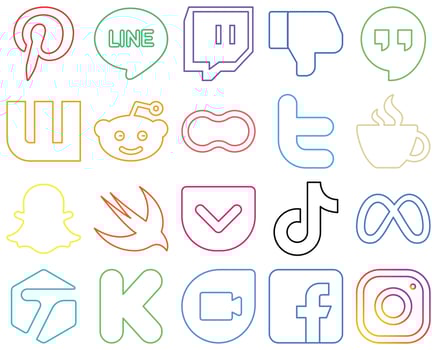 20 Eye-catching and vibrant Colourful Outline Social Media Icons such as swift. peanut. streaming and tweet Customizable and high-resolution vector