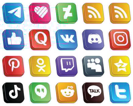 20 Isometric 3D Icons of Major Social Media Platforms such as meta. facebook. text and discord icons. Creative and high-resolution vector