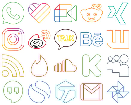 20 Stylish and elegant Colourful Outline Social Media Icons such as rss. behance. meta. kakao talk and china High-resolution and versatile vector