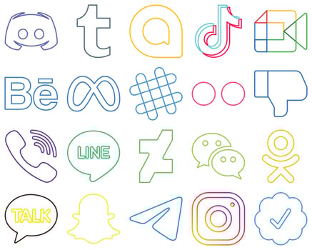 20 Eye-catching and vibrant Colourful Outline Social Media Icons such as spotify. meta. video. behance and video Customizable and high-resolution vector