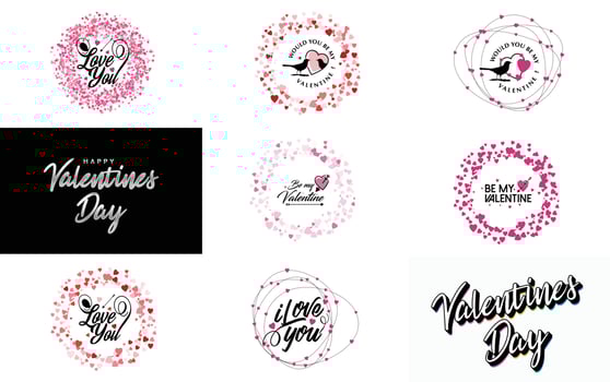 Valentine's Day typography design with a heart-shaped wreath set vector