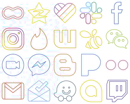 20 High-Resolution Colourful Outline Social Media Icons such as wechat. wattpad. facebook. tinder and meta Fully customizable and high-quality vector