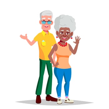Elderly Couple Vector. Modern Grandparents. Elderly Family. Grey-haired Characters. Black, Afro American, European. Isolated Flat Cartoon Illustration vector