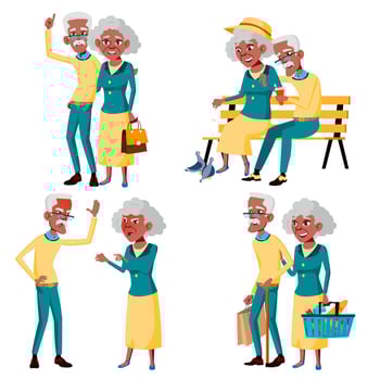Elderly Couple Set Vector. Grandfather And Grandmother. Social Concept. Senior Couple. Black, Afro American. Situations. Old Senior People. Isolated Flat Cartoon Illustration vector