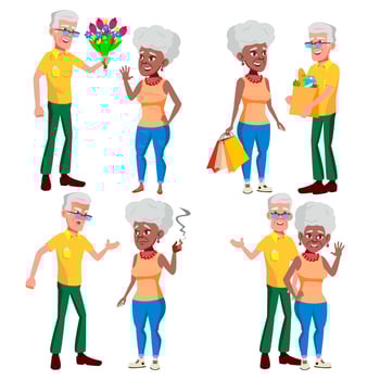 Elderly Couple Set Vector. Grandpa With Grandmother. Lifestyle. Elderly Family. Grey-haired Characters. Couple Of Elderly People. Afro American, European. Isolated Flat Cartoon Illustration vector