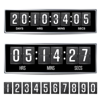 Flip Countdown Timer Vector. Analog Black Digital Scoreboard Template. With Days, Hours, Minutes, Seconds. Isolated Illustration vector