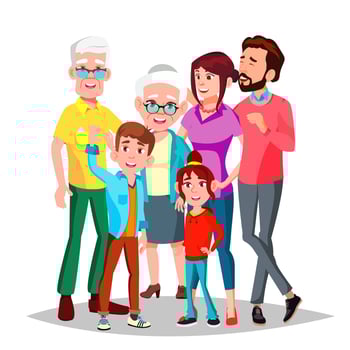 Family Vector. Cheerful. Mom, Dad, Children, Grandparents Together. Banner, Flyer, Brochure Design. Isolated Cartoon Illustration vector