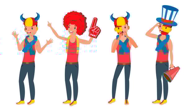 Sport Fan Watching Sport Match Vector. Football, Soccer, Hockey Sports Fans. Different Poses. Isolated On White Cartoon Character Illustration vector