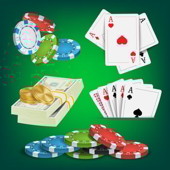 Poker Design Elements Vector. Money Stacks, Chips, Playing Gambling Cards. Royal Casino Retro Poker Club Illustration vector