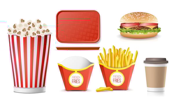 Fast Food Icons Set Vector. French Fries, Coffee, Hamburger, Cola, Tray Salver, Popcorn. Isolated On White Background Illustration vector