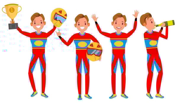 Sport Car Racer Male Vector. Red Uniform. Poses. Playing In Different Poses. Man Athlete. Turbo Rally. Isolated On White Cartoon Character Illustration vector