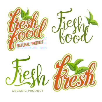 Fresh Food Sign Set Vector. Organic Food, Local Label, Fresh Stamp, Natural Food, Vegan, Product. Healthy Life. Green Leaf. Illustation vector