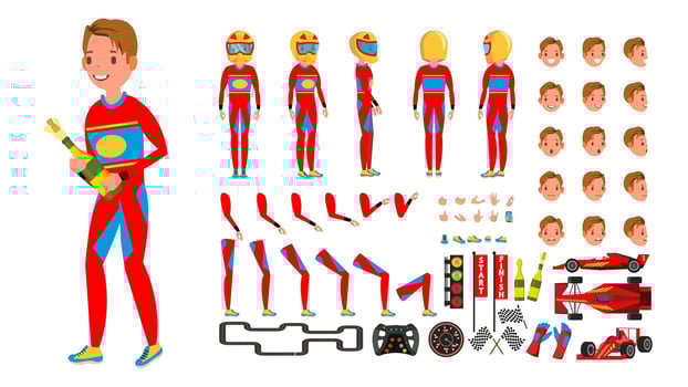 Sport Car Racer Male Vector. Red Uniform. Rally Race Car Driver. Animated Character Creation Set. Man Full Length, Front, Side, Back View. Auto Drawing Accessories, Emotions, Gestures. Illustration vector