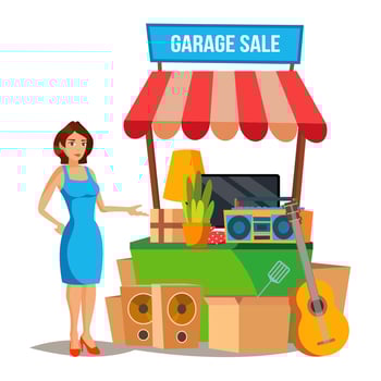 Yard Sale Vector. Household Items Sale. Woman Manning a Garage Sale. Cartoon Character Illustration vector