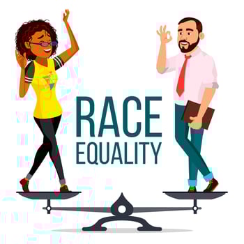 Race Equality Vector. On Scales. People Different Race And Skin Color Equal Rights. Isolated Flat Cartoon Illustration vector