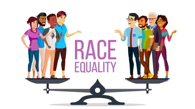 Race Equality Vector. Standing On Scales. Equal Opportunity. No Racism. Different Race Together. Tolerance. Isolated Flat Cartoon Illustration vector