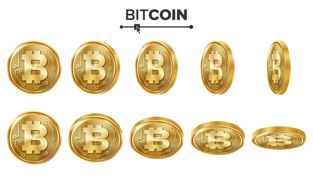 Bitcoin 3D Gold Coins Vector Set. Realistic. Flip Different Angles. Digital Currency Money. Cryptography Finance Coin Icons, Sign. Currency Isolated On White