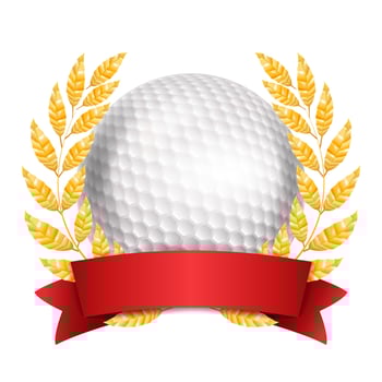Golf Award Vector. Sport Banner Background. White Ball, Red Ribbon, Laurel Wreath. 3D Realistic Isolated Illustration vector