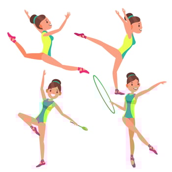 Gymnastics Young Woman Player Vector. Gymnastic Mace. Modern Beauty Uniform. Girl Athlete. Flat Cartoon Illustration vector