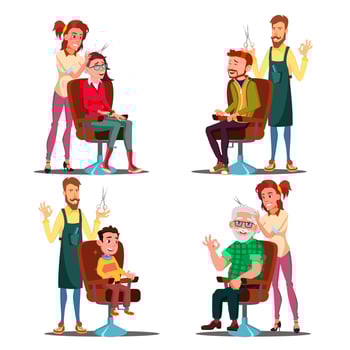 Hairdresser With Client Set Vector. Boy, Teen, Woman, Old Man. Professional Fashion Stilist. Service. Isolated Flat Cartoon Illustration vector
