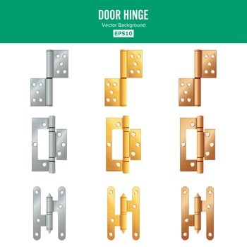 Door Hinge Vector. Set Classic And Industrial Ironmongery Isolated On White Background. Simple Entry Door Metal Hinge Icon. Stainless Steel, Copper, Bronze, Gold, Brass. Stock Illustration vector