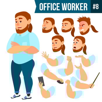 Office Worker Vector. Face Emotions, Various Gestures. Animation Creation Set. Business Person. Career. Modern Employee, Workman, Laborer. Isolated Flat Cartoon Character Illustration vector