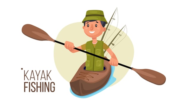 Paddling Kayak Vector. Summer Kayak Fishing. Fishermen Isolated Flat Cartoon Character Illustration vector