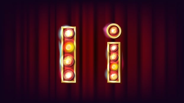 I Letter Vector. Capital, Lowercase. Font Marquee Light Sign. Retro Shine Lamp Bulb Alphabet. 3D Electric Glowing Digit. Vintage Gold Illuminated Light. Carnival, Circus, Casino Style. Illustration vector