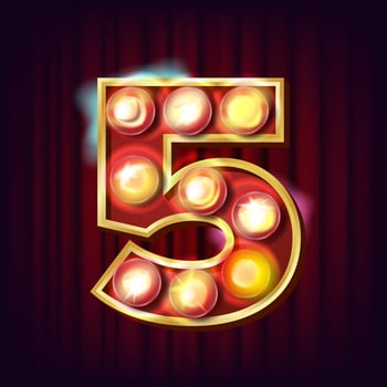 5 Number Vector. Five Font Marquee Light Sign. Realistic Retro Shine Lamp Bulb. 3D Electric Glowing Digit. Vintage Golden Illuminated Neon Light. Carnival, Circus, Casino Style. Alphabet Illustration vector