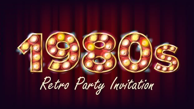 1980s Retro Party Invitation Vector. 1980 Vintage Style Design. Shine Lamp Bulb. Glowing Classic Retro Poster, Flyer, Banner Template. Night Club, Disco Party Event Advertising Illustration vector