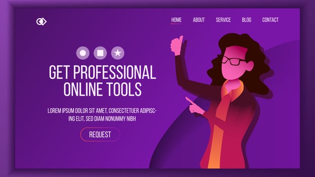 Design Tools Landing Page Vector. Woman. Main Website Page Design. Modern Style. Businesswoman. Developer Interface. Template Illustration vector