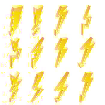 3D Lightning Icons Vector Set. Cartoon Yellow Lightning Isolated Illustration. Danger, Energy Icon. Lightning Bolt.