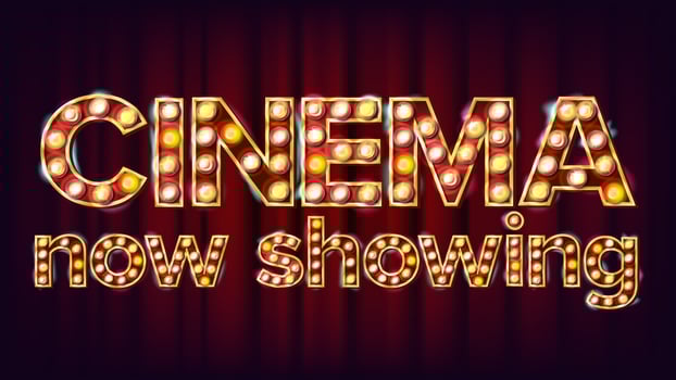 Cinema Now Showing Banner Vector. Cinema Glowing Lamps. For Concert, Party Design. Classic Illustration vector