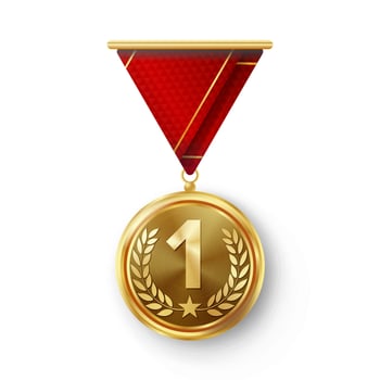 Gold Medal Vector. Metal Realistic First Placement Achievement. Round Medal With Red Ribbon, Relief Detail Of Laurel Wreath And Star. Competition Game Golden Achievement. Winner Trophy Award vector