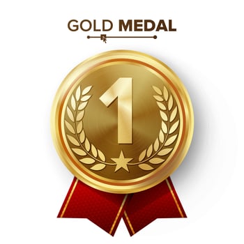 Gold 1st Place Medal Vector. Metal Realistic Badge With First Placement Achievement. Round Label With Red Ribbon, Laurel Wreath, Star. Winner Honor Prize. Competition Game Golden Winner Trophy Award vector