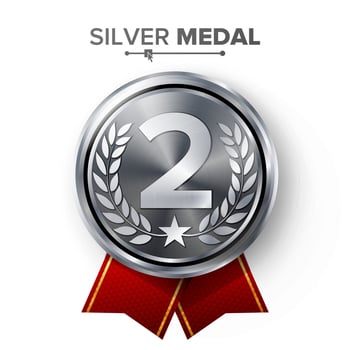 Silver 2st Place Medal Vector. Metal Realistic Badge With Second Placement Achievement. Round Label With Red Ribbon, Laurel Wreath. Winner Honor Prize. Competition Game Silver Winner Trophy Award vector