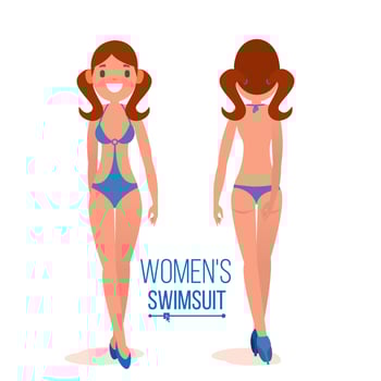 Women s Swimsuit Vector. Fashion Girl Displaying Modern Summer Beach Swimsuit. Back And Front Side. Beauty Female Swimwear Design. Isolated Flat Illustration vector
