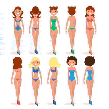Women s Swimsuit Set Vector. Beautiful Girls In Bathing Suits Of Different Types. Various Types. Fashion Bikini Collection. Isolated Flat Illustration vector