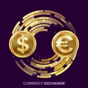 Money Currency Exchange Vector. Dollar, Euro. Golden Coins With Digital Stream. Conversion Commercial Operation For Business Investment, Travel. Financial Or Banking Concept Illustration vector