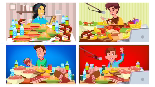 Mukbang Eating Show Vector. Girl, Guy. Eating Show. Recording. Online Live Broadcast. Asian Social Media. Cooking A Lot Of Food. Korean. Illustration vector
