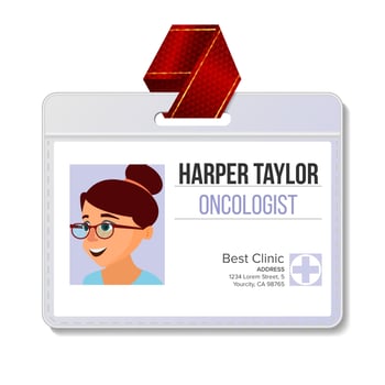 Oncologist Identification Badge Vector. Woman. Name Tag Blank. Medicine. Health. Medical Face. Isolated Cartoon Illustration vector
