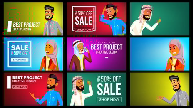 Arab Man, Woman Banner Set Vector. Arab Business Man, Woman. Traditional National Costume. For Web, Poster, Booklet Design. Muslim, Arabic. Illustration vector