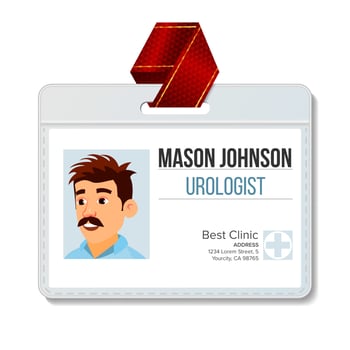 Urologist Identification Badge Vector. Man. Name Tag Blank. Health. Doctor. Medical Face. Isolated Cartoon Illustration vector