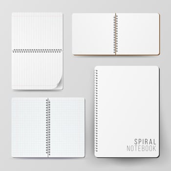 Spiral Empty Notepad Blank Mockup Set. Template For Advertising Branding, Corporate Identity. 3D Realistic Notebook Mockup. Blank Notebook With Clean Cover vector