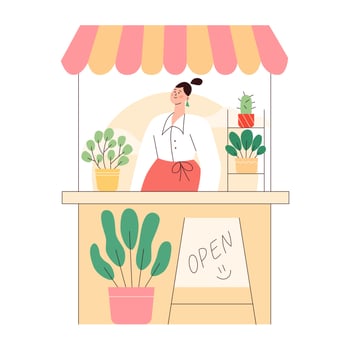 Outdoor market stalls, summer trade tents with seller. Local business shop. Flat vector illustration.