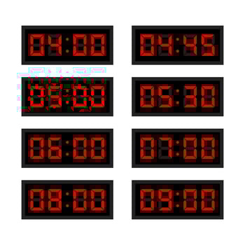 Set of red LCD display digital clock in flat style design isolated on white background. vector