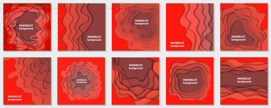 Vector collection of 10 backgrounds with red gradient paper cut shapes. 3D abstract paper art style, design layout for business presentations, flyers, posters, prints, decoration, cards, brochure