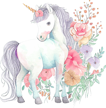 Cute Watercolor Magic Unicorn with Flowers Illustration png