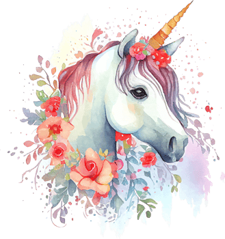 Cute Watercolor Magic Unicorn with Flowers png