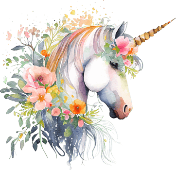 Cute Watercolor Magic Unicorn with Flowers png